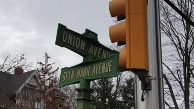 A Lower Merion street sign at a neighborhood intersection.