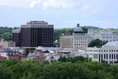 A skyline view of Norristown and Montgomery County buildings.