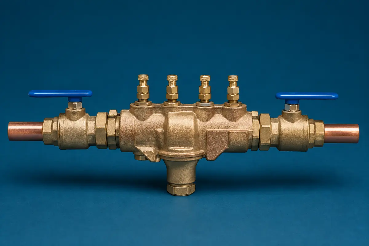 A bronze reduced-pressure-zone backflow preventer with two shutoffs, four test cocks, and a downward relief body.