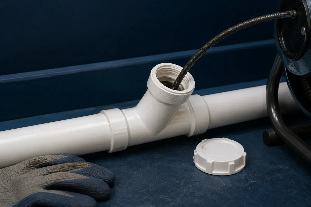 Drain auger cable entering a clean PVC wye cleanout beside gloves and its removed cap.