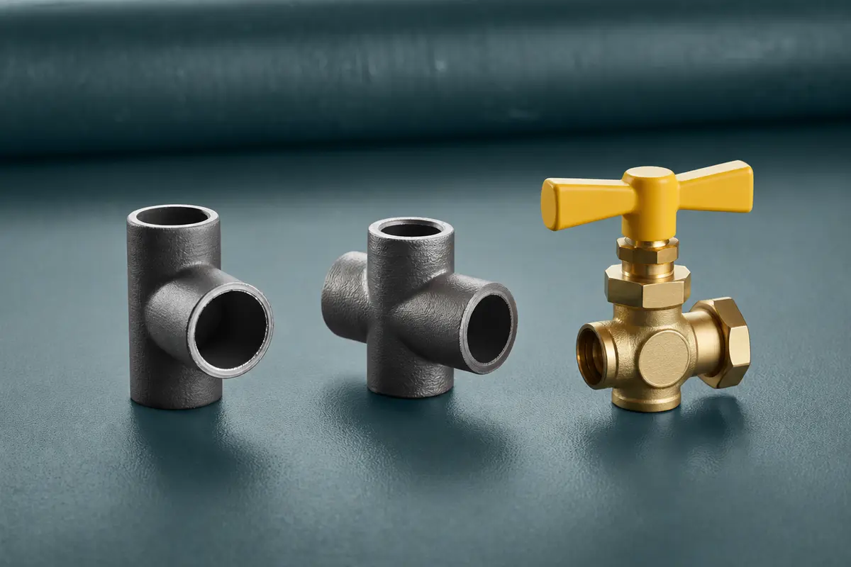Unbranded gas-line fittings and shutoff hardware.