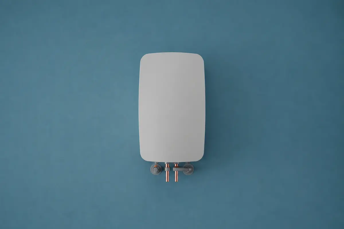 Wall-mounted tankless water-heater piping detail.