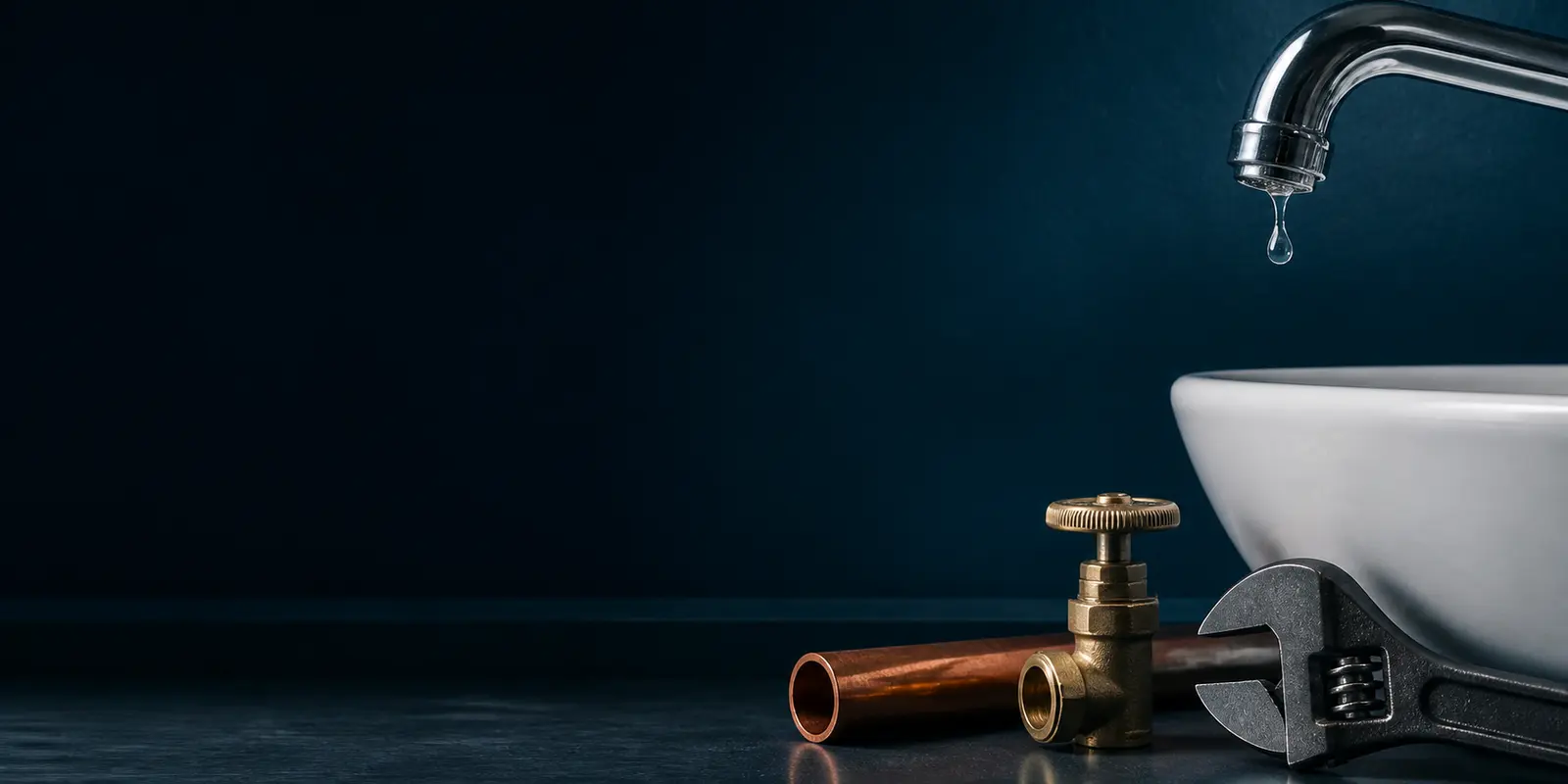 A faucet, copper pipe, shutoff valve, and wrench arranged as an editorial still life.