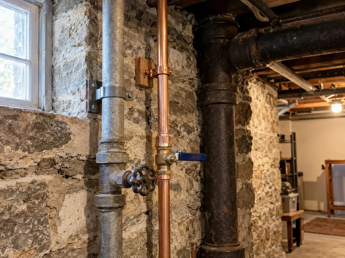 Galvanized steel, copper, and cast-iron pipes mounted against an old stone basement wall.
