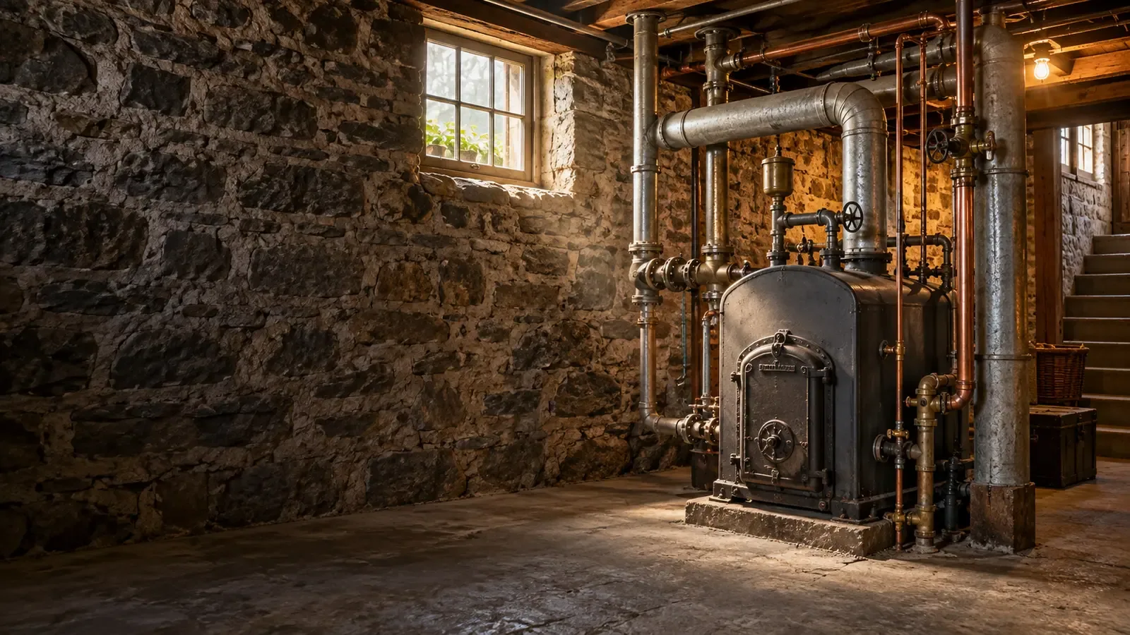 A historic stone-house basement with an older steam boiler and several generations of metal piping.