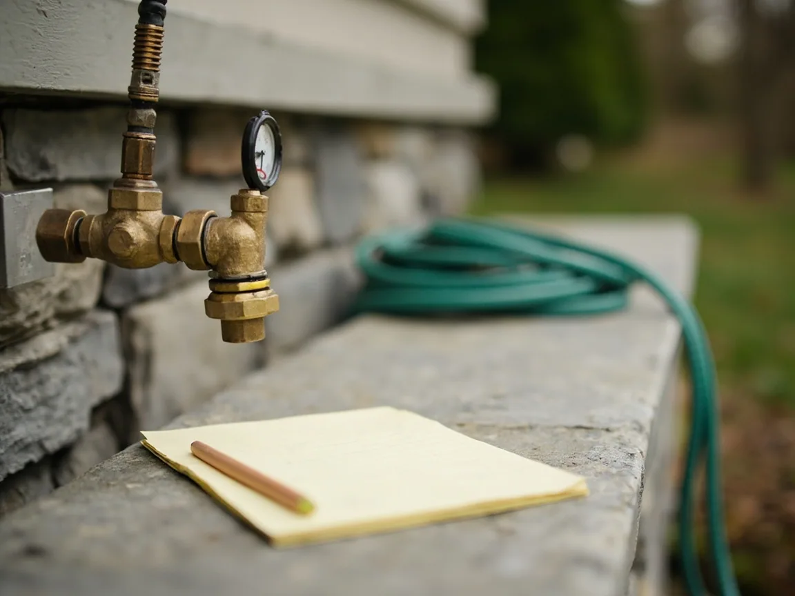 A still life of the outdoor supply-side of a Main Line Pennsylvania stone home set up for a static-pressure baseline reading: a plain unbranded brass hose-bib vacuum-breaker fitting mounted on a clean stone foundation wall, partially in soft focus in the left third, with a small folded cream-colored notepad and a single plain unbranded wooden pencil resting on a residential stone window sill in the foreground and a short coil of clean green garden hose in soft focus behind. The notepad shows no readable text, writing, lines, or logos.