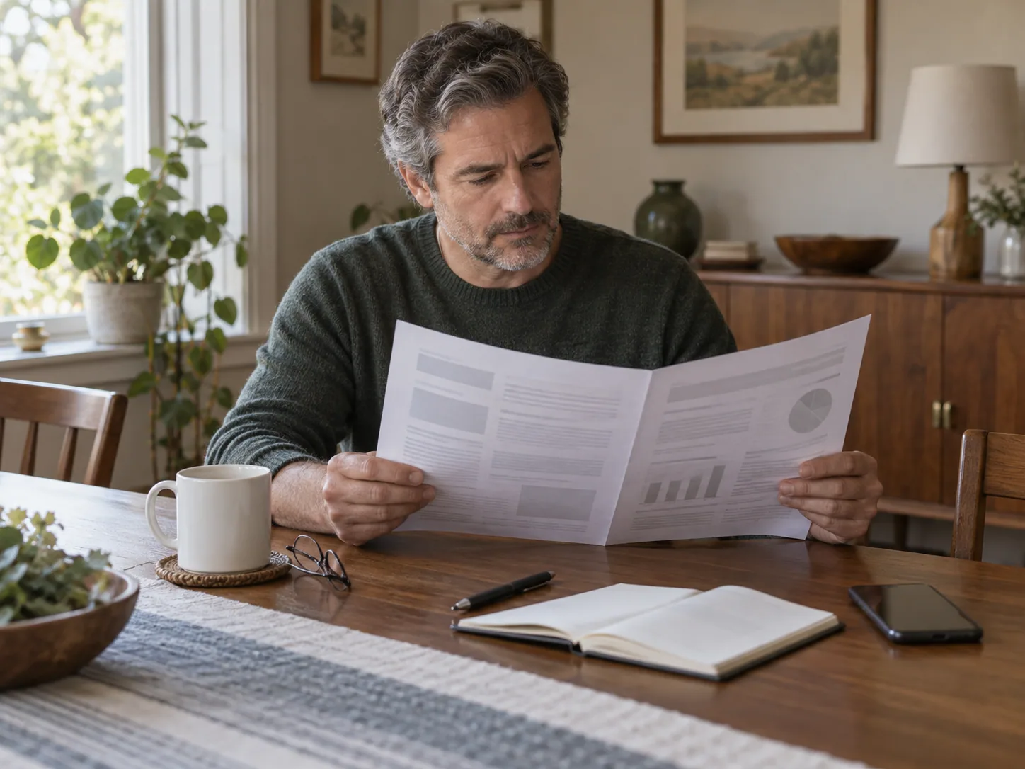 A homeowner at a dining table thoughtfully reviewing a printed multi-page diagnostic report with a pen, reading glasses, a notebook, and a coffee mug nearby.