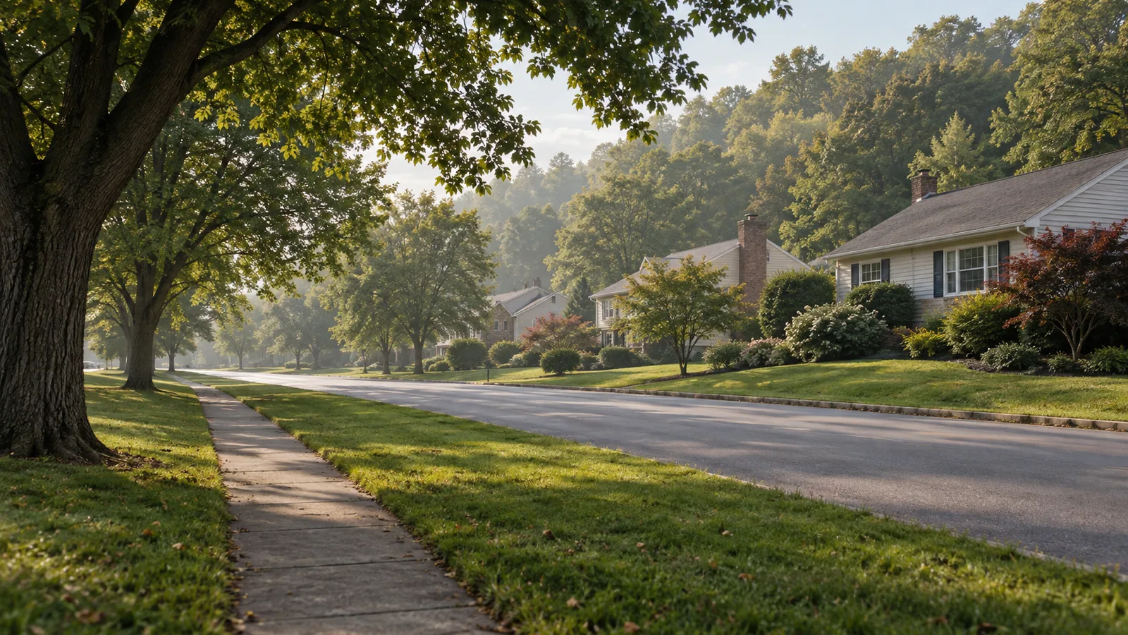 A tidy established residential street in a Montgomery County township on a soft morning, with mature trees, modest mid-century homes set behind tidy lawns, and an empty sidewalk leading into the distance.