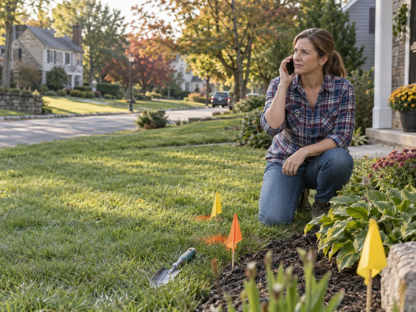 Homeowner calling before a small front-yard landscaping project near utility markings.