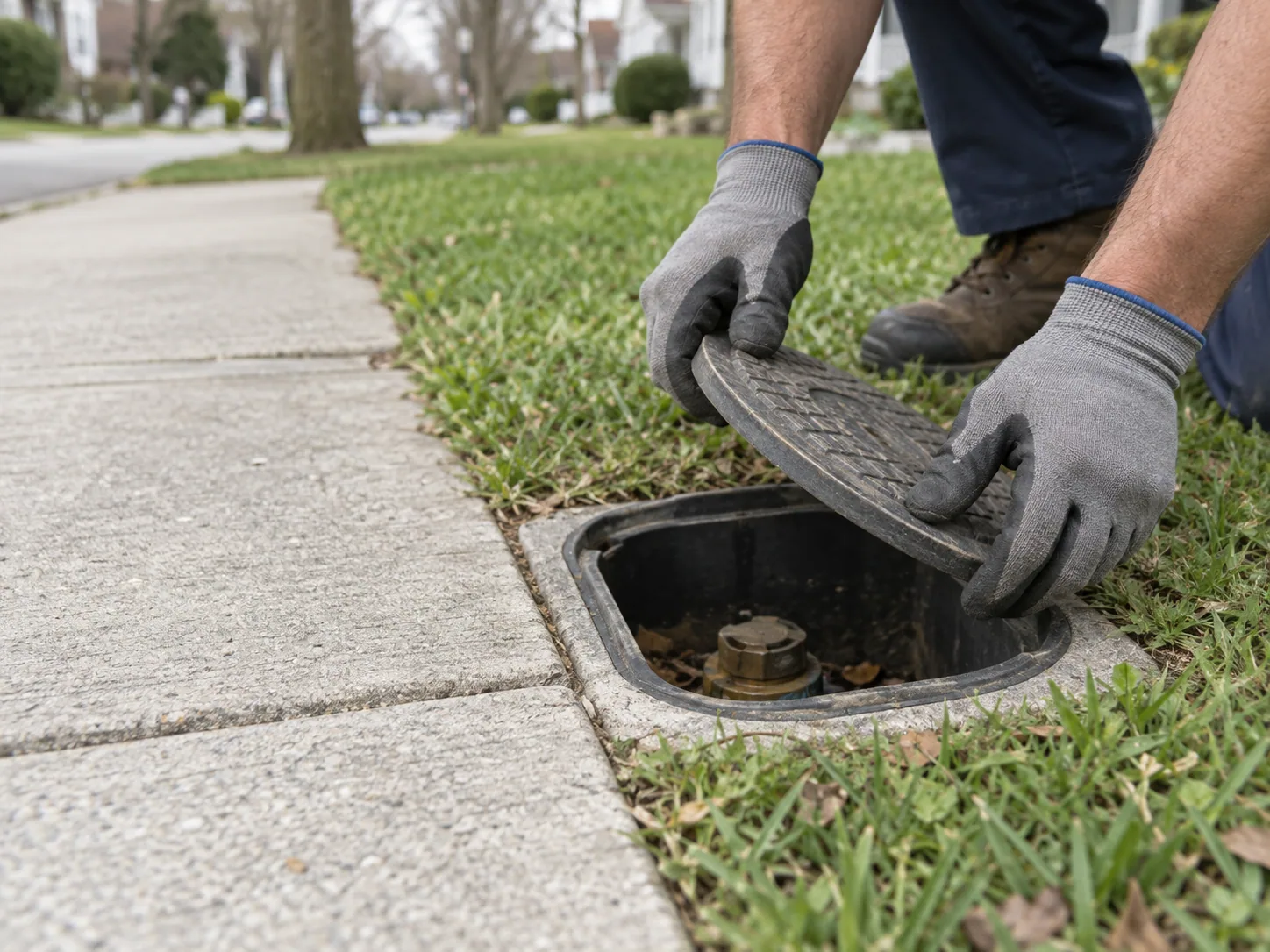 Gloved hands opening a curb-box cover beside a residential sidewalk for a routine utility inspection.