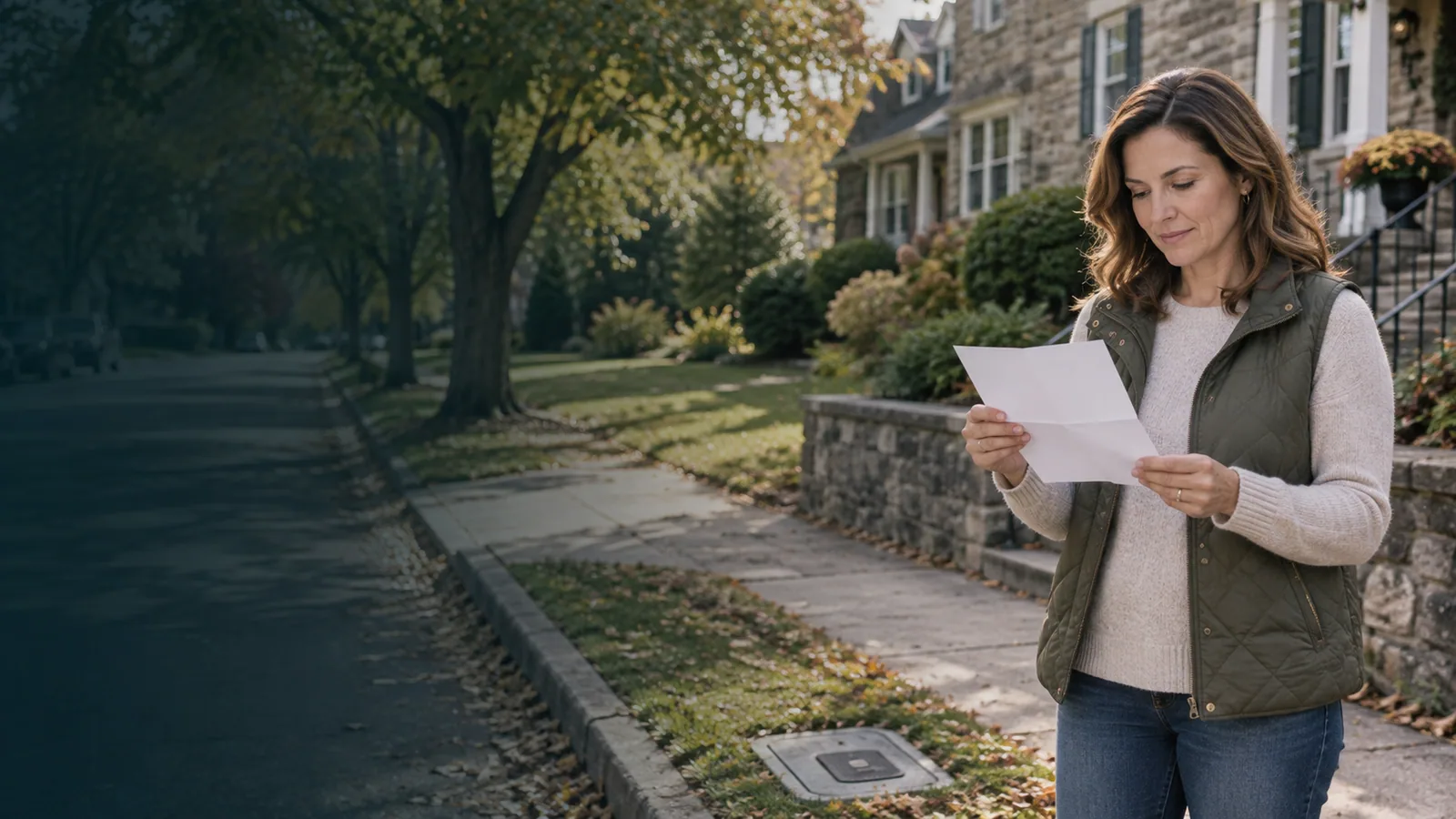 Homeowner reading a utility letter outside a Montgomery County home.