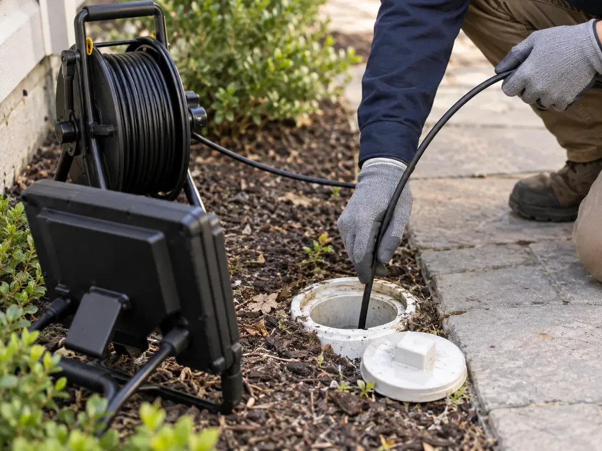 Gloved hands guide a sewer-camera cable from a reel into an exterior cleanout beside a walkway.