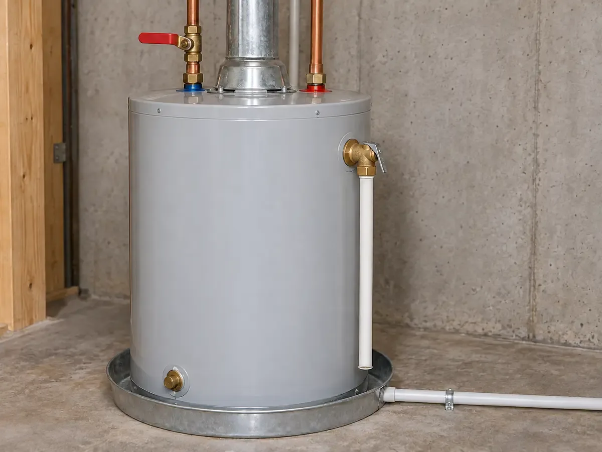 A plain water heater showing copper connections, a shutoff valve, relief discharge pipe, and drained metal pan.
