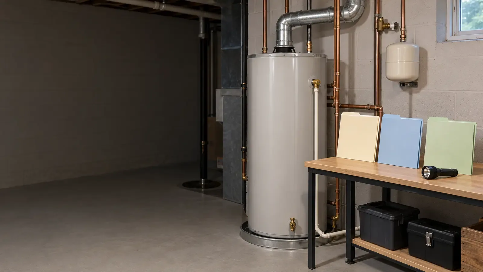 A residential water heater beside three blank permit folders and a flashlight in a clean basement.