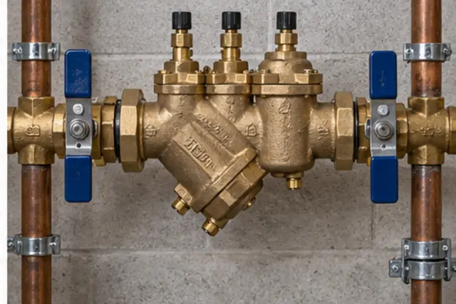 A bronze backflow prevention assembly with shutoff valves and test ports.