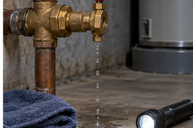 An emergency shutoff valve, towel, and flashlight beside a small controlled water leak.