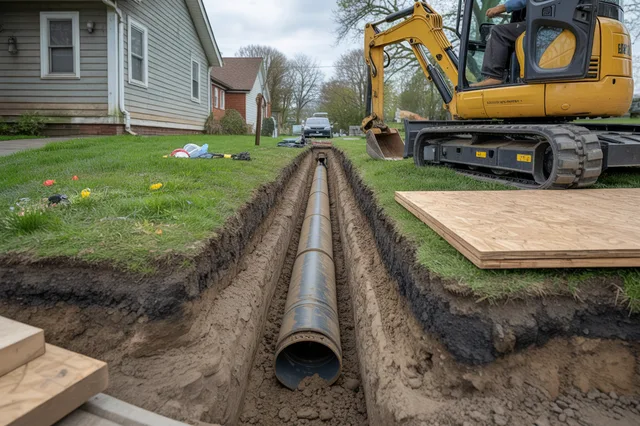 A yard excavation trench exposing a buried sewer lateral being replaced.