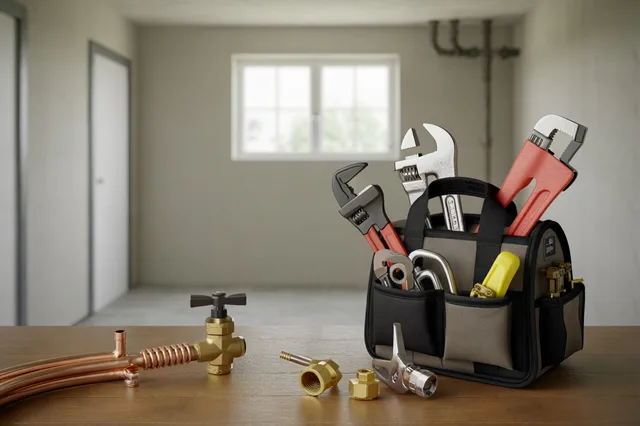 A plumber's tool bag with wrenches and fittings beside a copper supply line and shutoff valve.