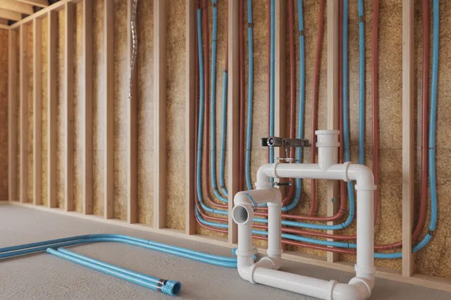 New-construction plumbing rough-in with PEX supply lines and PVC drains in open framing.