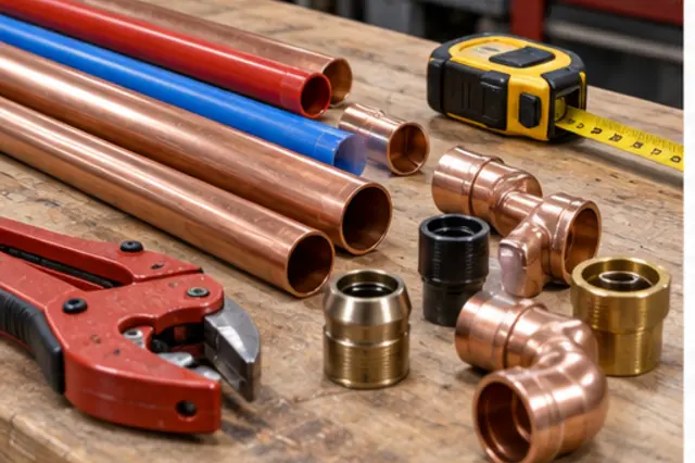 Copper and PEX pipe sections with fittings and a pipe cutter on a workbench.