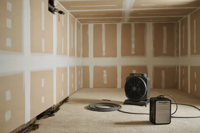 Basement water-damage cleanup with an air mover and dehumidifier running.