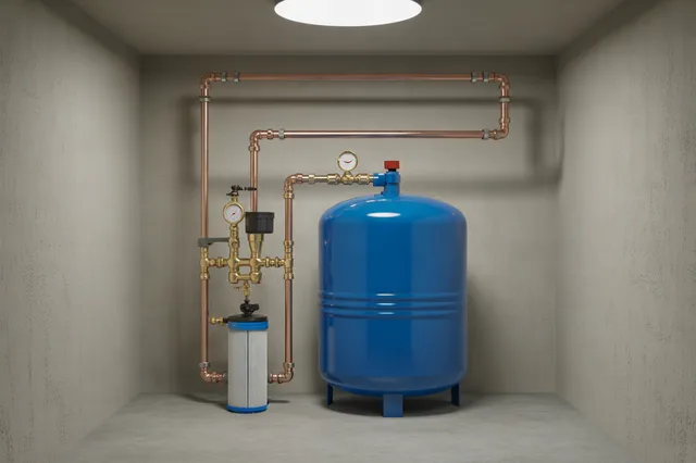 A residential well pressure tank, pressure switch, and filter housing in a basement.